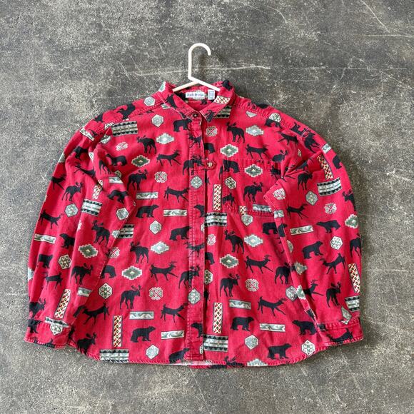 Vintage David Brooks Western Shirt Womens 12 M Red Bear Moose Outdoors Flannel - Picture 1 of 8